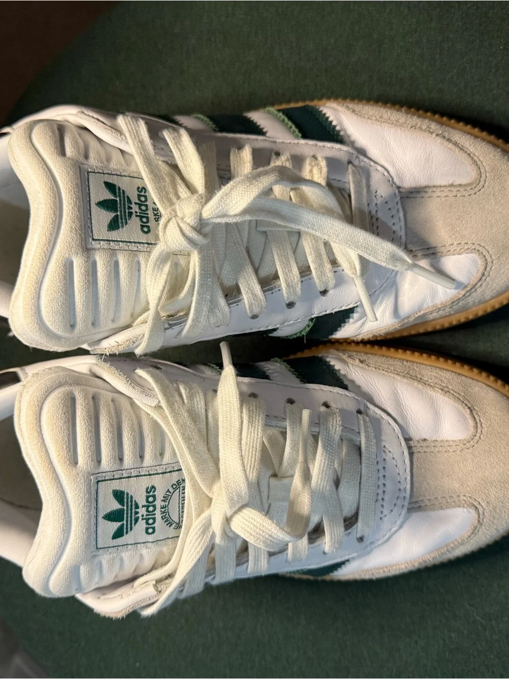 adidas White Sneakers with Green Stripes and Gum Sole